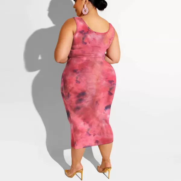 IyMoo Womens Sexy Plus Size 2 Piece Midi Dress Outfits  Sleeveless Tie Dye Print Tank Crop Top Bodycon Skirts SetWatermelon Red1