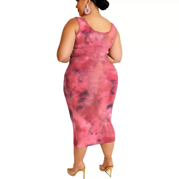 IyMoo Womens Sexy Plus Size 2 Piece Midi Dress Outfits  Sleeveless Tie Dye Print Tank Crop Top Bodycon Skirts SetWatermelon Red1