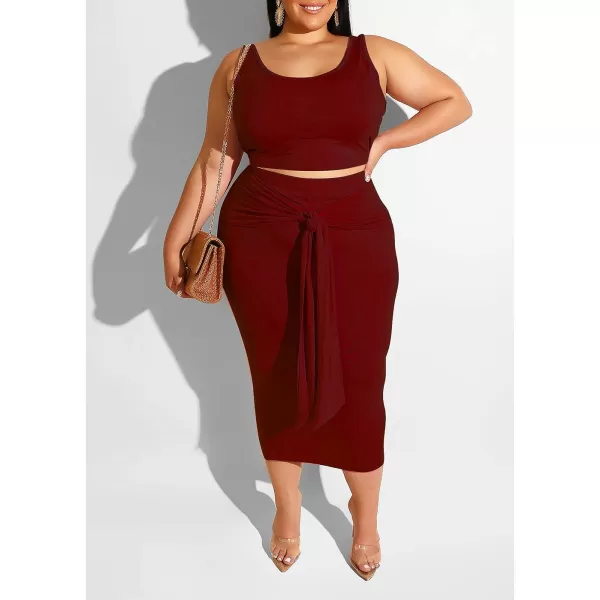 IyMoo Womens Sexy Plus Size 2 Piece Midi Dress Outfits  Sleeveless Tie Dye Print Tank Crop Top Bodycon Skirts SetWine Red Solid