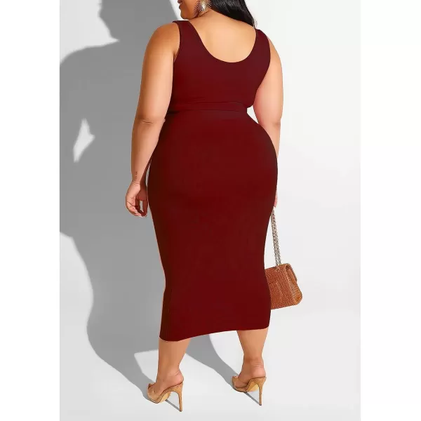 IyMoo Womens Sexy Plus Size 2 Piece Midi Dress Outfits  Sleeveless Tie Dye Print Tank Crop Top Bodycon Skirts SetWine Red Solid