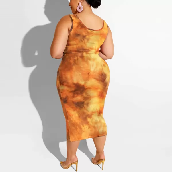 IyMoo Womens Sexy Plus Size 2 Piece Midi Dress Outfits  Sleeveless Tie Dye Print Tank Crop Top Bodycon Skirts SetYellow1