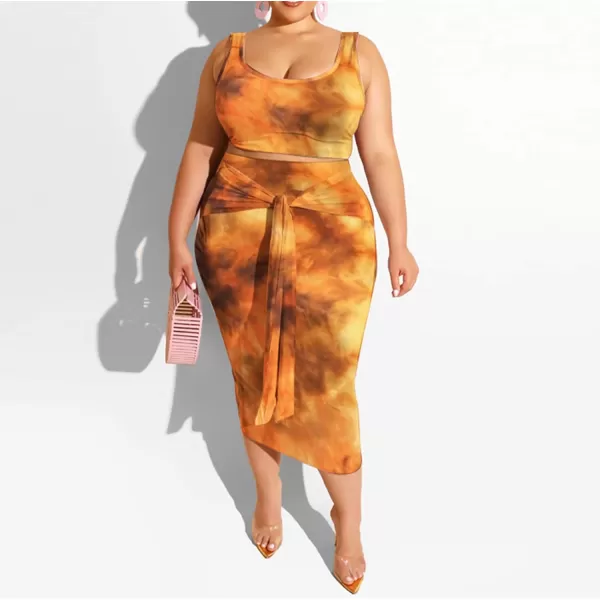 IyMoo Womens Sexy Plus Size 2 Piece Midi Dress Outfits  Sleeveless Tie Dye Print Tank Crop Top Bodycon Skirts SetYellow1