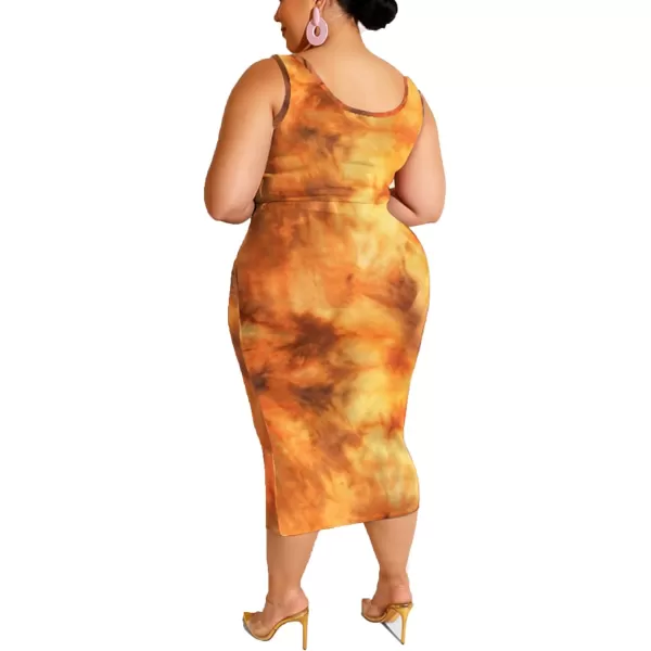 IyMoo Womens Sexy Plus Size 2 Piece Midi Dress Outfits  Sleeveless Tie Dye Print Tank Crop Top Bodycon Skirts SetYellow1