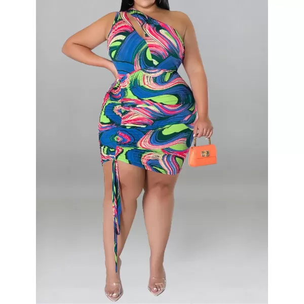 IyMoo Womens Sexy Plus Size Bodycon Cutout One Shoulder Ruched Drawstring Mini Club DressesBlue