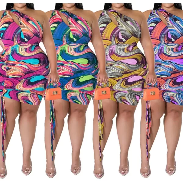 IyMoo Womens Sexy Plus Size Bodycon Cutout One Shoulder Ruched Drawstring Mini Club DressesBlue