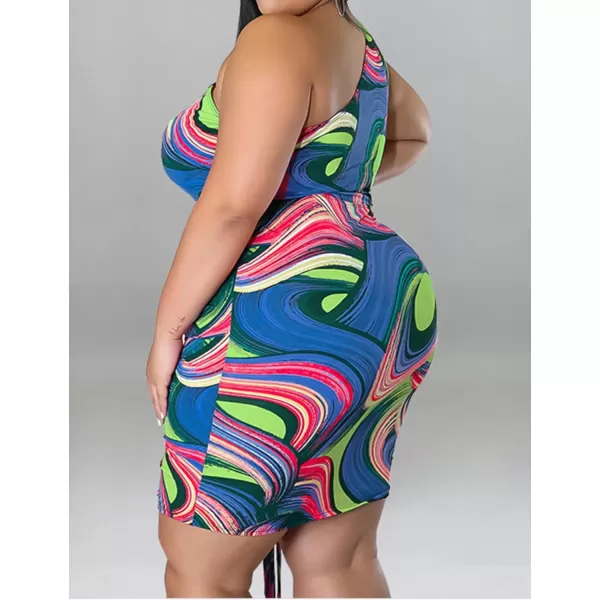IyMoo Womens Sexy Plus Size Bodycon Cutout One Shoulder Ruched Drawstring Mini Club DressesBlue