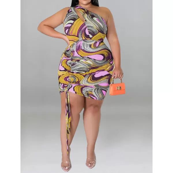 IyMoo Womens Sexy Plus Size Bodycon Cutout One Shoulder Ruched Drawstring Mini Club DressesKhaki