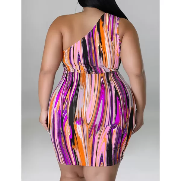 IyMoo Womens Sexy Plus Size Bodycon Cutout One Shoulder Ruched Drawstring Mini Club DressesMulti Purple