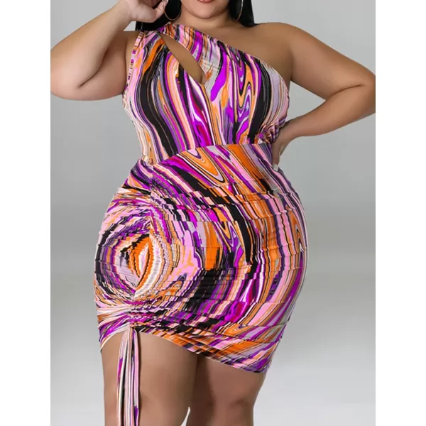 IyMoo Womens Sexy Plus Size Bodycon Cutout One Shoulder Ruched Drawstring Mini Club DressesMulti Purple