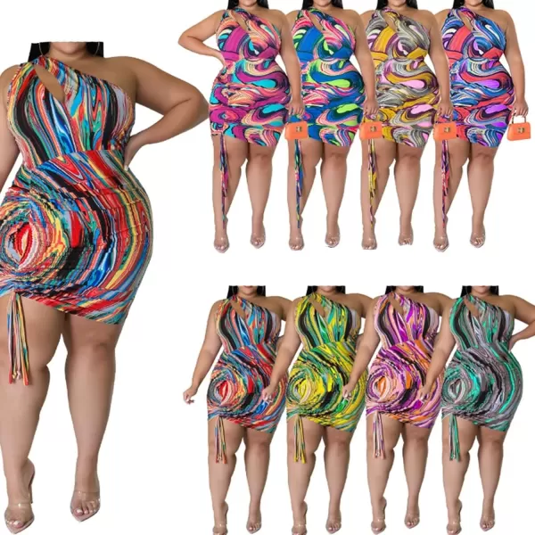 IyMoo Womens Sexy Plus Size Bodycon Cutout One Shoulder Ruched Drawstring Mini Club DressesMulti Red
