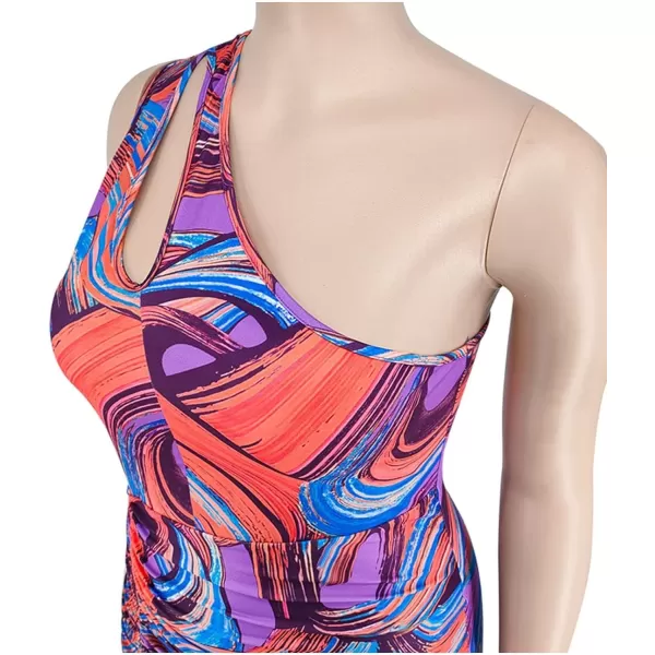 IyMoo Womens Sexy Plus Size Bodycon Cutout One Shoulder Ruched Drawstring Mini Club DressesMulti Red