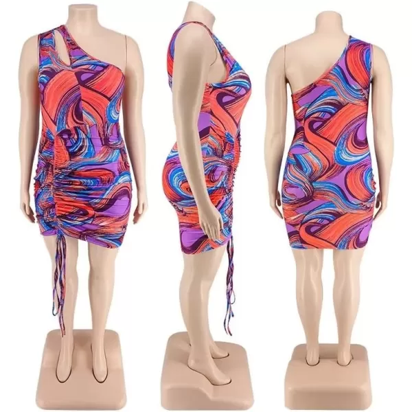 IyMoo Womens Sexy Plus Size Bodycon Cutout One Shoulder Ruched Drawstring Mini Club DressesMulti Red