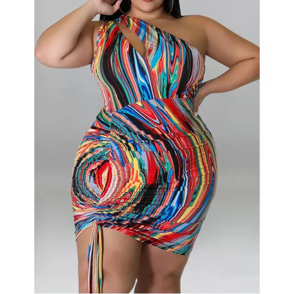 IyMoo Womens Sexy Plus Size Bodycon Cutout One Shoulder Ruched Drawstring Mini Club DressesMulti Red