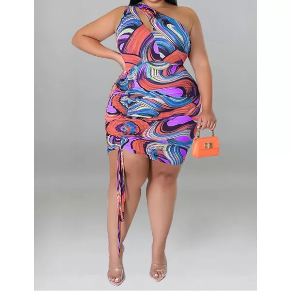 IyMoo Womens Sexy Plus Size Bodycon Cutout One Shoulder Ruched Drawstring Mini Club DressesPurple