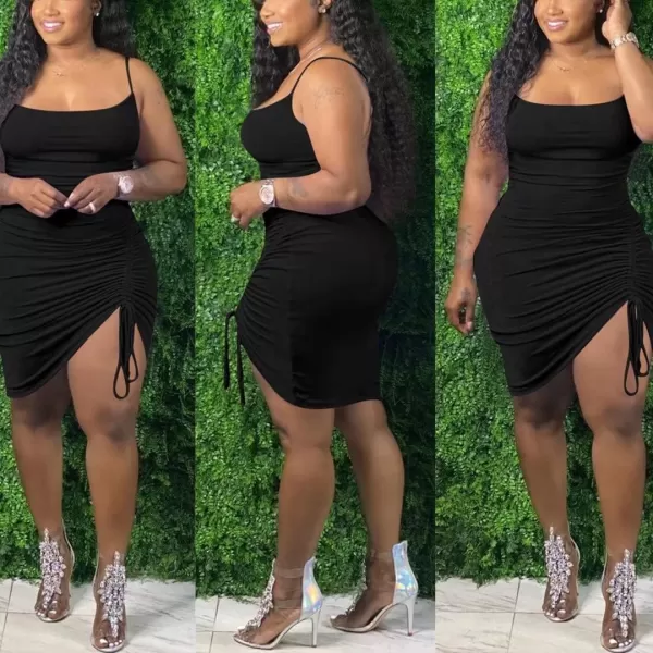 IyMoo Womens Sexy Plus Size Bodycon Spaghetti Strap Ruched Drawstring Mini Club DressesBlack