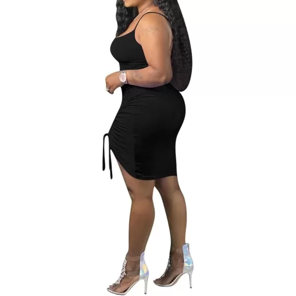 IyMoo Womens Sexy Plus Size Bodycon Spaghetti Strap Ruched Drawstring Mini Club DressesBlack