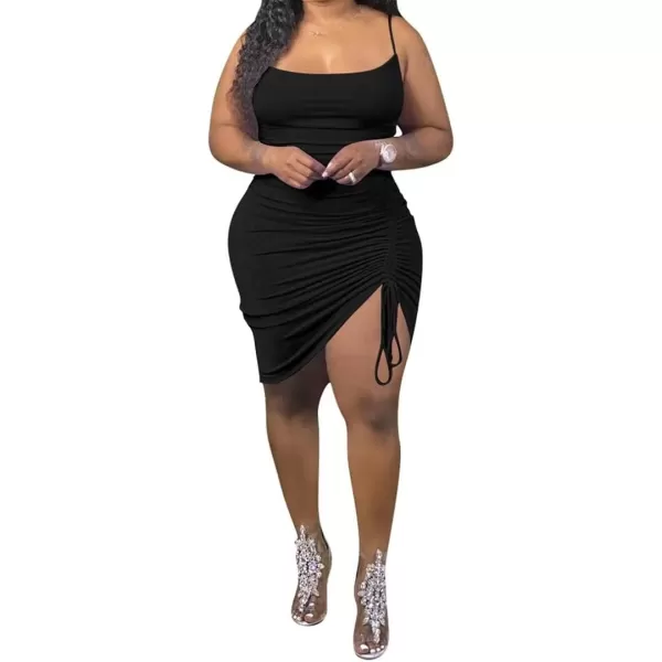 IyMoo Womens Sexy Plus Size Bodycon Spaghetti Strap Ruched Drawstring Mini Club DressesBlack