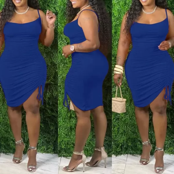 IyMoo Womens Sexy Plus Size Bodycon Spaghetti Strap Ruched Drawstring Mini Club DressesBlue
