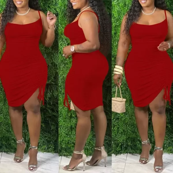 IyMoo Womens Sexy Plus Size Bodycon Spaghetti Strap Ruched Drawstring Mini Club DressesDark Red