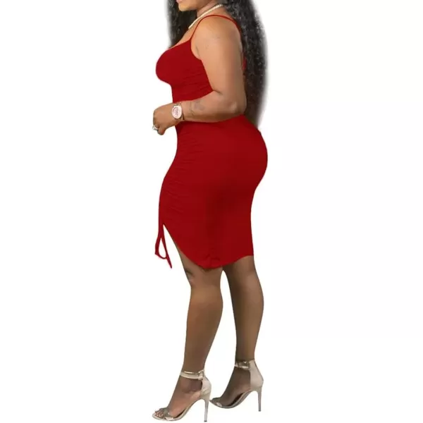 IyMoo Womens Sexy Plus Size Bodycon Spaghetti Strap Ruched Drawstring Mini Club DressesDark Red
