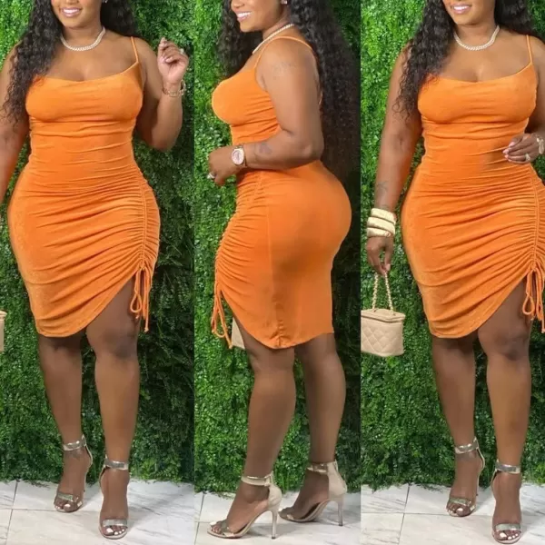 IyMoo Womens Sexy Plus Size Bodycon Spaghetti Strap Ruched Drawstring Mini Club DressesOrange