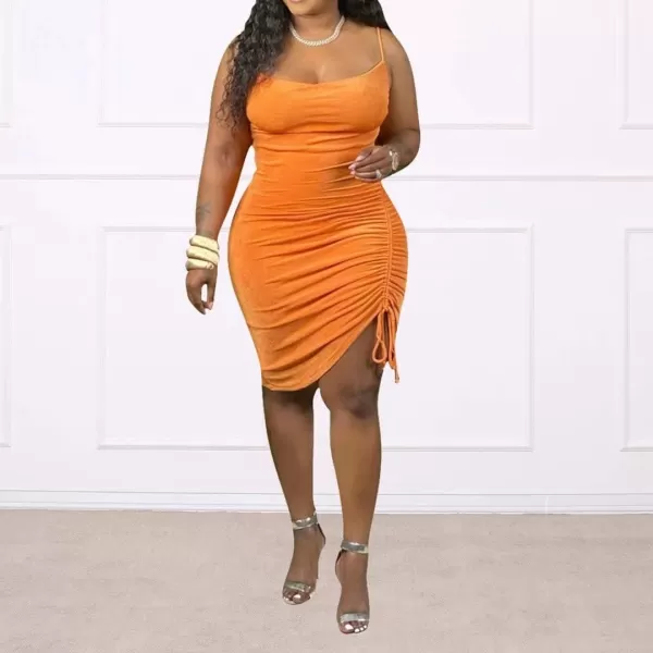 IyMoo Womens Sexy Plus Size Bodycon Spaghetti Strap Ruched Drawstring Mini Club DressesOrange