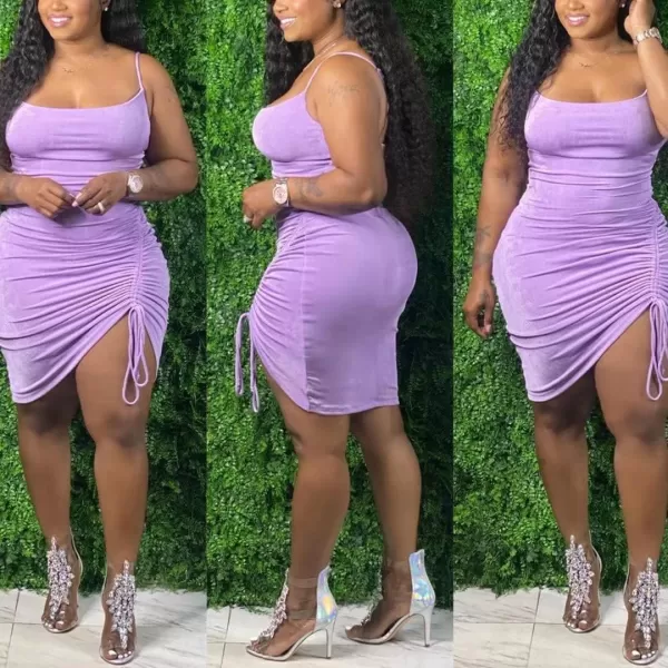 IyMoo Womens Sexy Plus Size Bodycon Spaghetti Strap Ruched Drawstring Mini Club DressesPurple