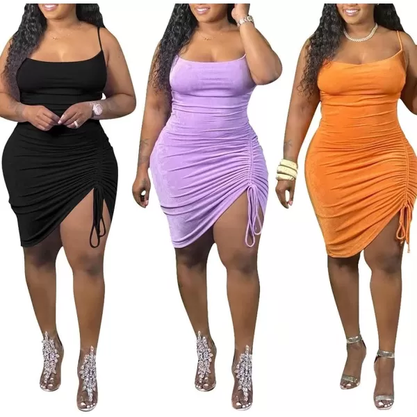 IyMoo Womens Sexy Plus Size Bodycon Spaghetti Strap Ruched Drawstring Mini Club DressesPurple