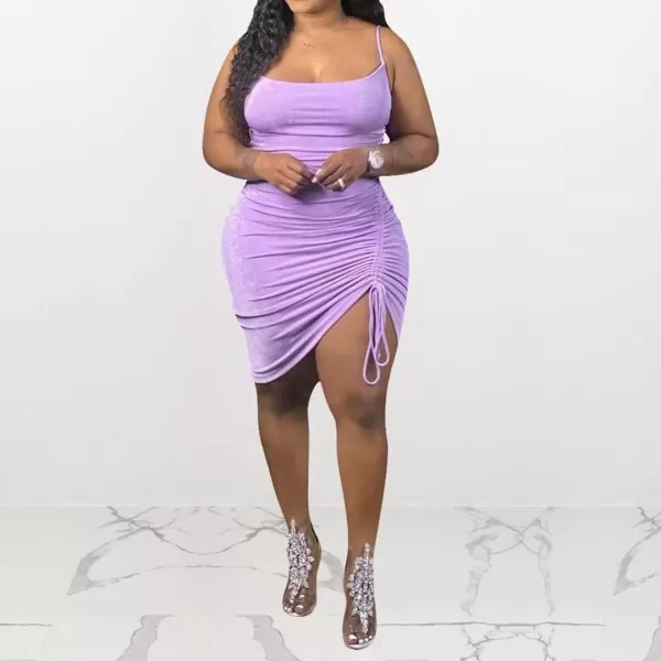 IyMoo Womens Sexy Plus Size Bodycon Spaghetti Strap Ruched Drawstring Mini Club DressesPurple