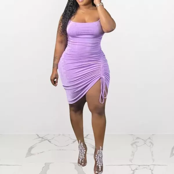 IyMoo Womens Sexy Plus Size Bodycon Spaghetti Strap Ruched Drawstring Mini Club DressesPurple