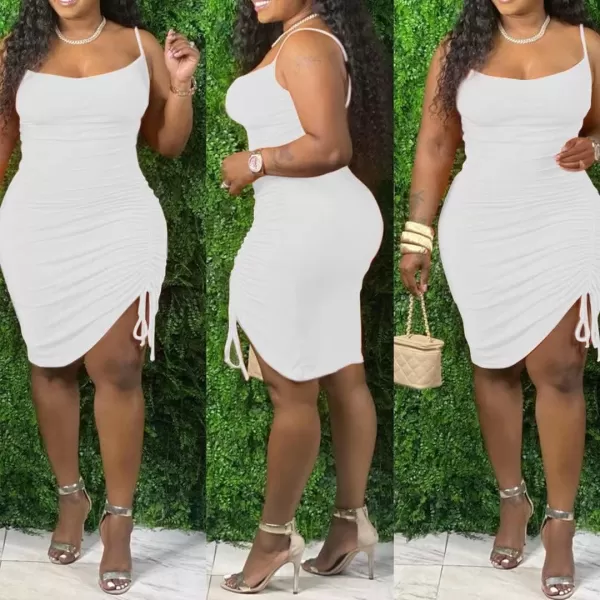 IyMoo Womens Sexy Plus Size Bodycon Spaghetti Strap Ruched Drawstring Mini Club DressesWhite