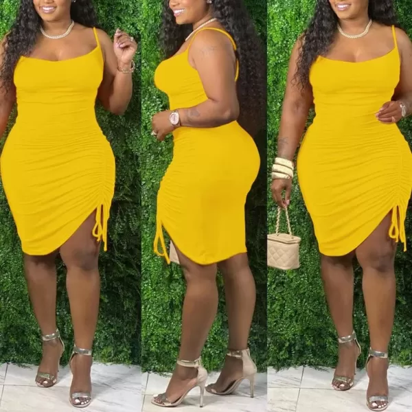 IyMoo Womens Sexy Plus Size Bodycon Spaghetti Strap Ruched Drawstring Mini Club DressesYellow