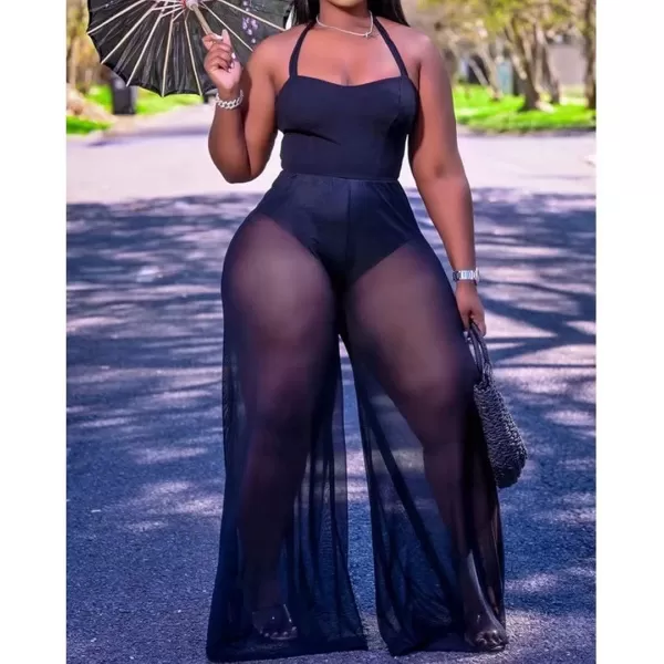 IyMoo Womens Sexy Plus Size Chiffon Patchwork Wide Leg Sleeveless Elegant Cocktail V Neck Jumpsuit223 Black