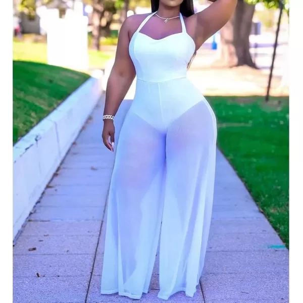 IyMoo Womens Sexy Plus Size Chiffon Patchwork Wide Leg Sleeveless Elegant Cocktail V Neck Jumpsuit223 White