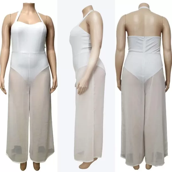 IyMoo Womens Sexy Plus Size Chiffon Patchwork Wide Leg Sleeveless Elegant Cocktail V Neck Jumpsuit223 White