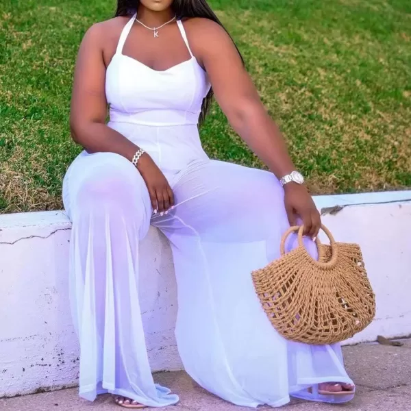 IyMoo Womens Sexy Plus Size Chiffon Patchwork Wide Leg Sleeveless Elegant Cocktail V Neck Jumpsuit223 White