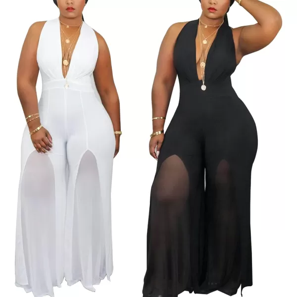 IyMoo Womens Sexy Plus Size Chiffon Patchwork Wide Leg Sleeveless Elegant Cocktail V Neck JumpsuitBlack