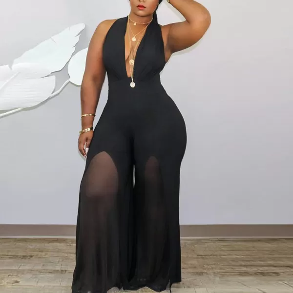 IyMoo Womens Sexy Plus Size Chiffon Patchwork Wide Leg Sleeveless Elegant Cocktail V Neck JumpsuitBlack