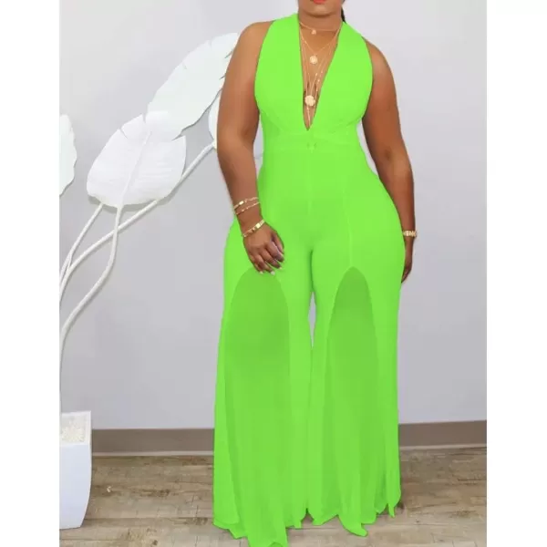 IyMoo Womens Sexy Plus Size Chiffon Patchwork Wide Leg Sleeveless Elegant Cocktail V Neck JumpsuitBright Green