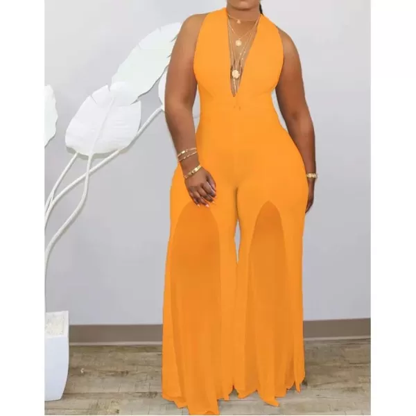 IyMoo Womens Sexy Plus Size Chiffon Patchwork Wide Leg Sleeveless Elegant Cocktail V Neck JumpsuitOrange