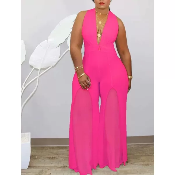 IyMoo Womens Sexy Plus Size Chiffon Patchwork Wide Leg Sleeveless Elegant Cocktail V Neck JumpsuitRose Red