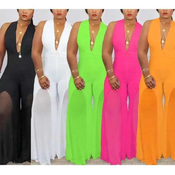 IyMoo Womens Sexy Plus Size Chiffon Patchwork Wide Leg Sleeveless Elegant Cocktail V Neck JumpsuitRose Red