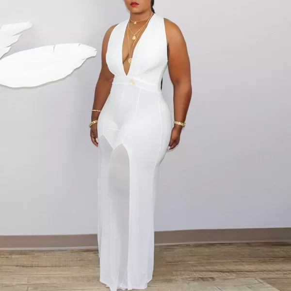 IyMoo Womens Sexy Plus Size Chiffon Patchwork Wide Leg Sleeveless Elegant Cocktail V Neck JumpsuitWhite