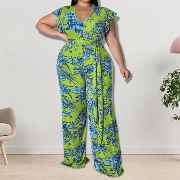 IyMoo Womens Sexy Plus Size Floral Puff Sleeve Wide Leg Long Sleeve Cocktail V Neck Jumpsuit with BeltGreen