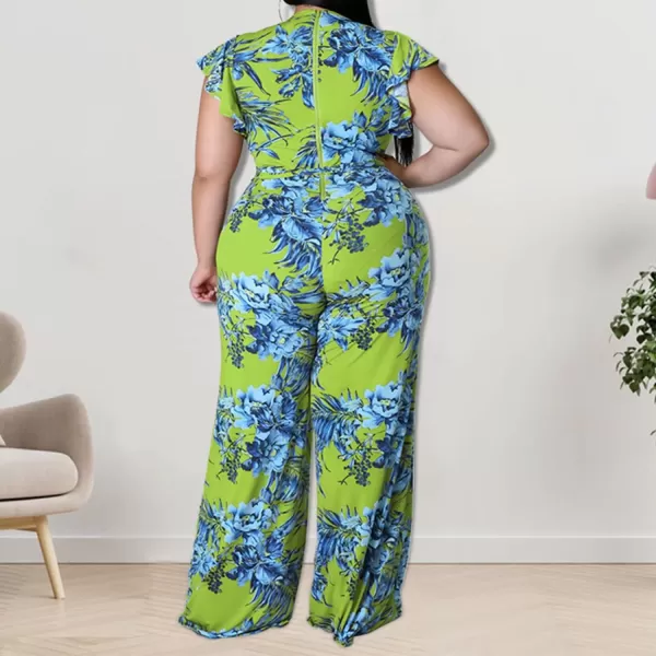 IyMoo Womens Sexy Plus Size Floral Puff Sleeve Wide Leg Long Sleeve Cocktail V Neck Jumpsuit with BeltGreen