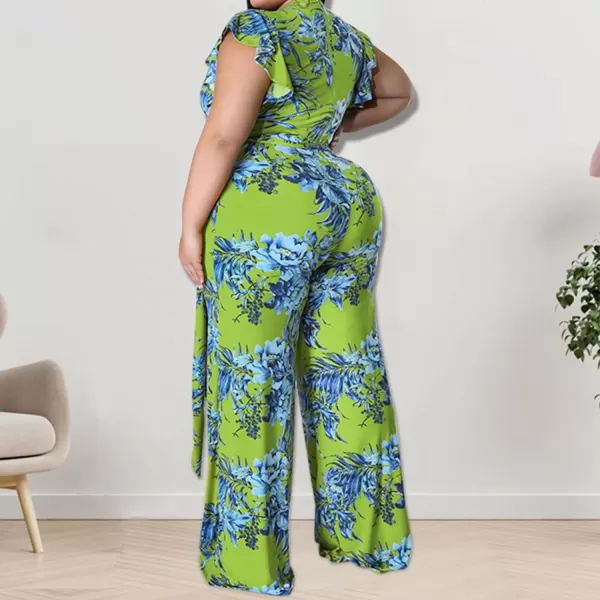 IyMoo Womens Sexy Plus Size Floral Puff Sleeve Wide Leg Long Sleeve Cocktail V Neck Jumpsuit with BeltGreen