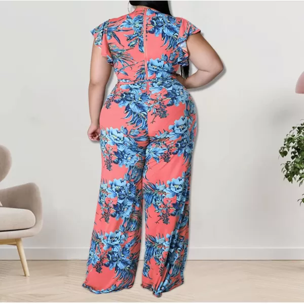 IyMoo Womens Sexy Plus Size Floral Puff Sleeve Wide Leg Long Sleeve Cocktail V Neck Jumpsuit with BeltRed