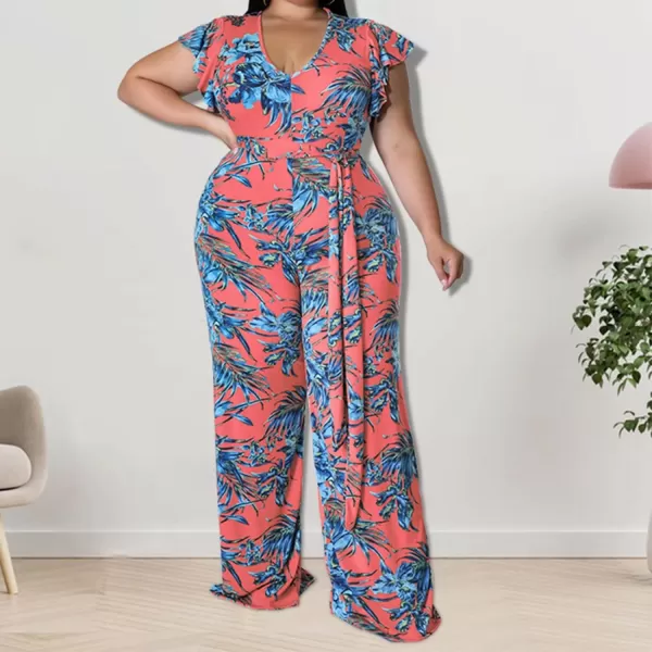 IyMoo Womens Sexy Plus Size Floral Puff Sleeve Wide Leg Long Sleeve Cocktail V Neck Jumpsuit with BeltRed