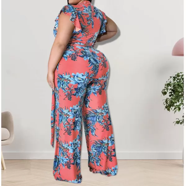 IyMoo Womens Sexy Plus Size Floral Puff Sleeve Wide Leg Long Sleeve Cocktail V Neck Jumpsuit with BeltRed