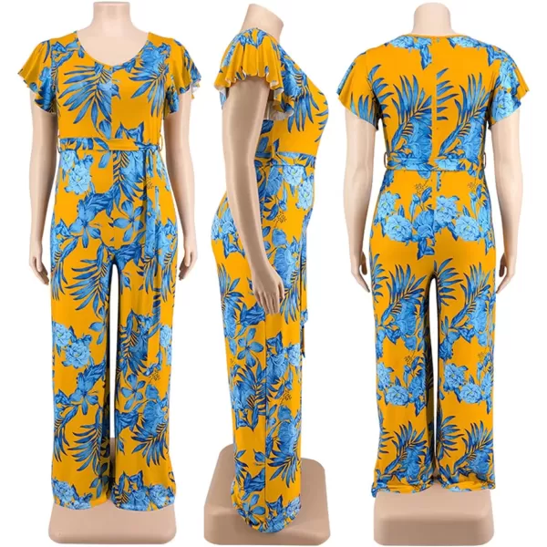 IyMoo Womens Sexy Plus Size Floral Puff Sleeve Wide Leg Long Sleeve Cocktail V Neck Jumpsuit with BeltRed